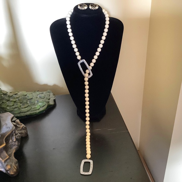 Heidi Daus Jewelry - Heidi Daus Set Game Changer Pave Crystal Beaded Lariat Necklace & Earrings Ivory